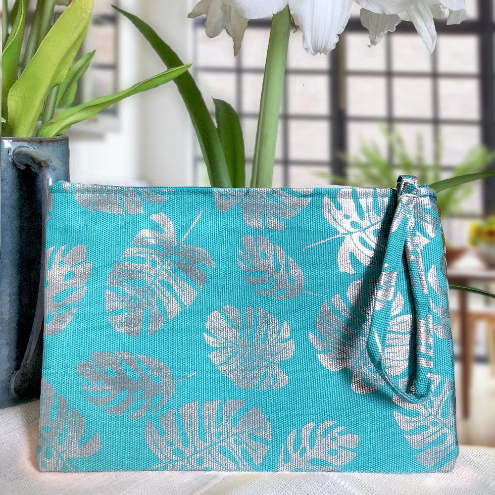LAST RESTOCK 3PACK: TEAL metallic silver foil tropical print clutch wristlet bag